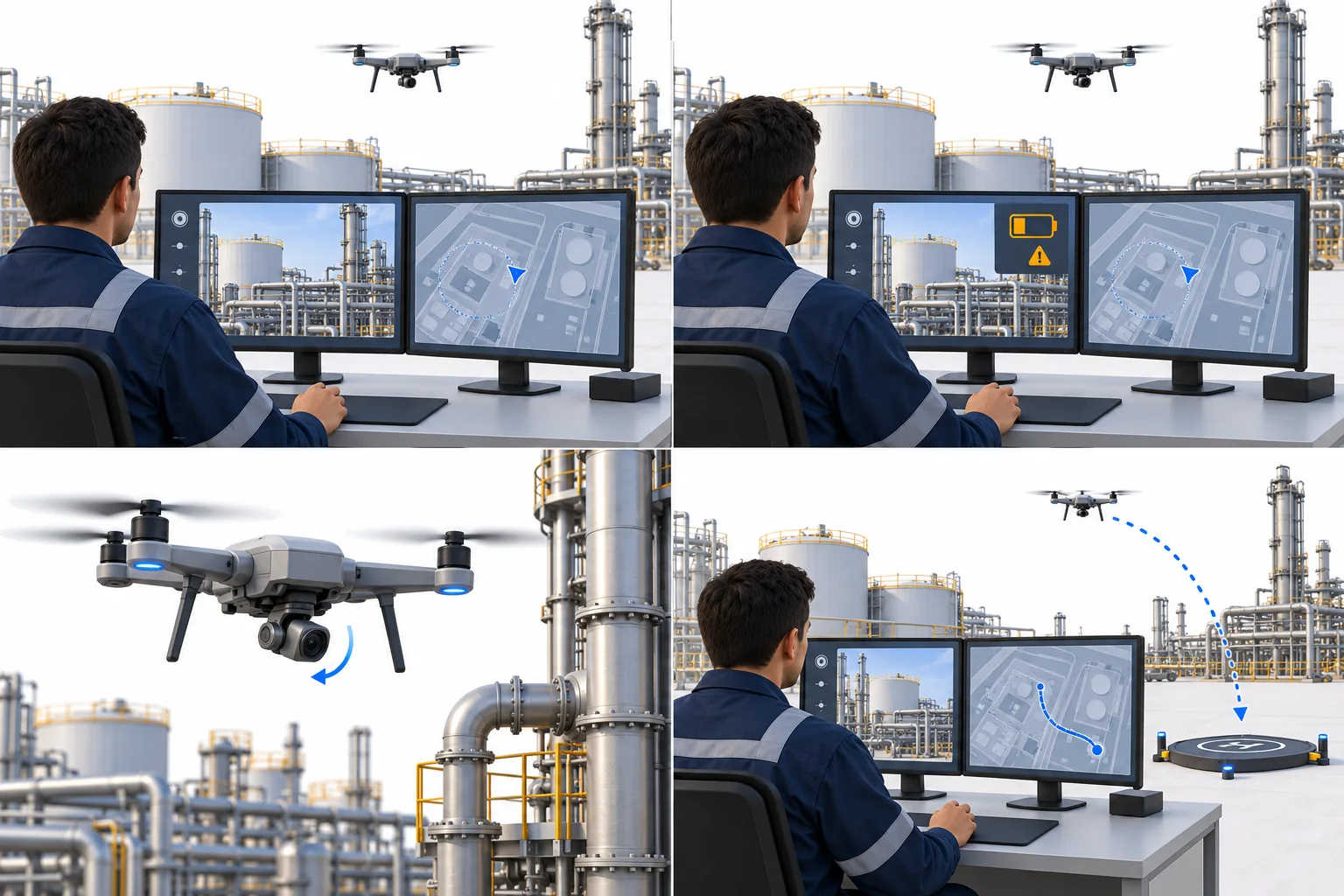An operator views a camera scene and a map while a quadcopter hovers over a site.
