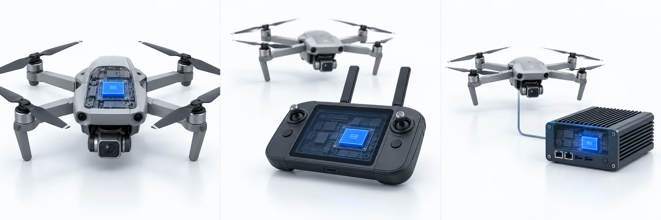 A quadcopter with its onboard software highlighted in blue.
