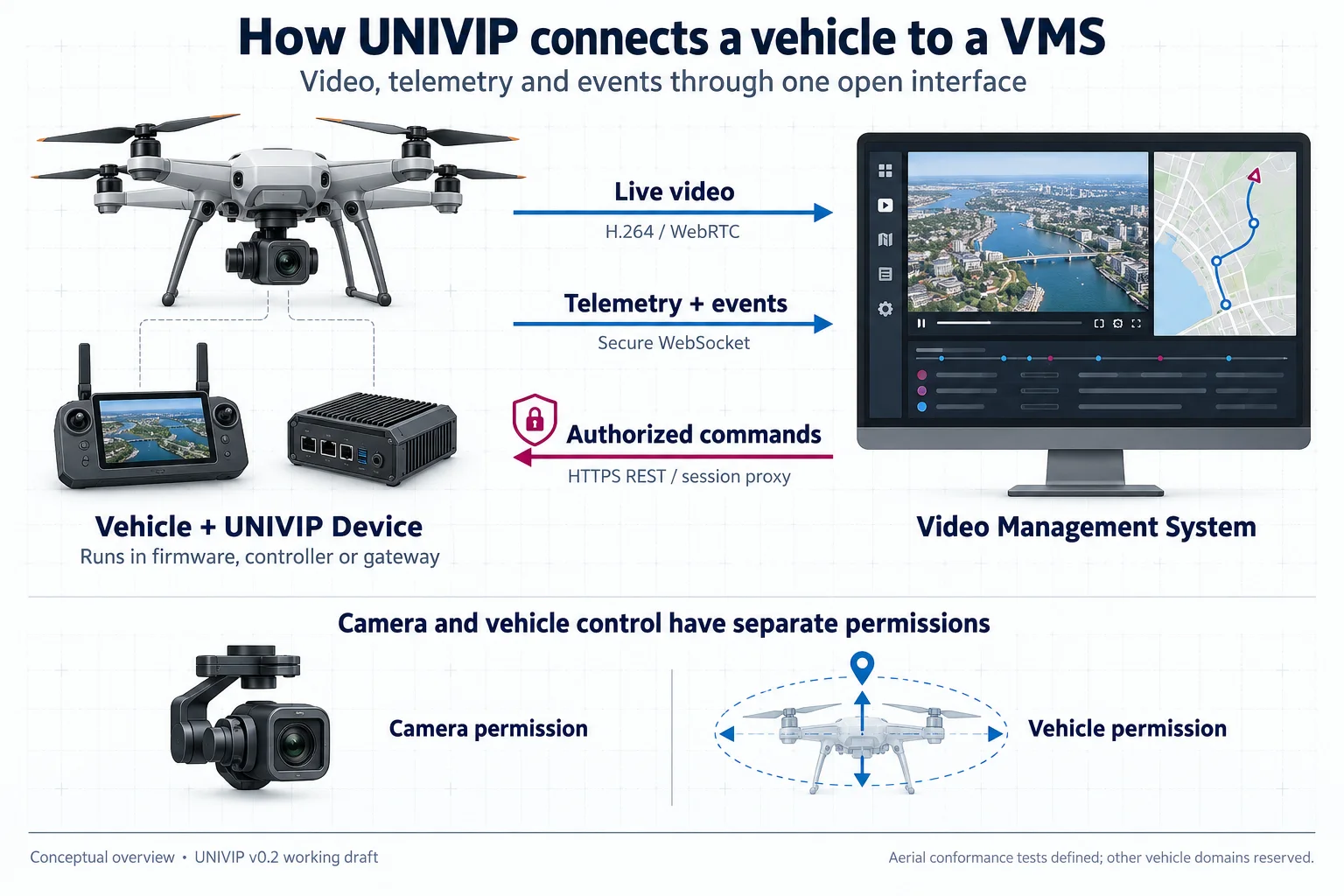 A vehicle exposes a UNIVIP Device from firmware, a controller or a gateway. Video, telemetry and events flow to a VMS; authorized commands return to the vehicle. Camera and vehicle control have separate permissions.